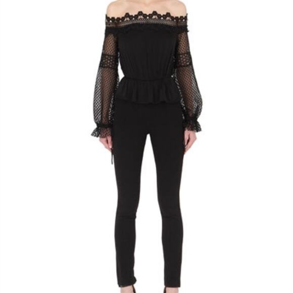 Self-portrait off the shoulder lace sleeve black jumpsuit sz 2 - Picture 1 of 8
